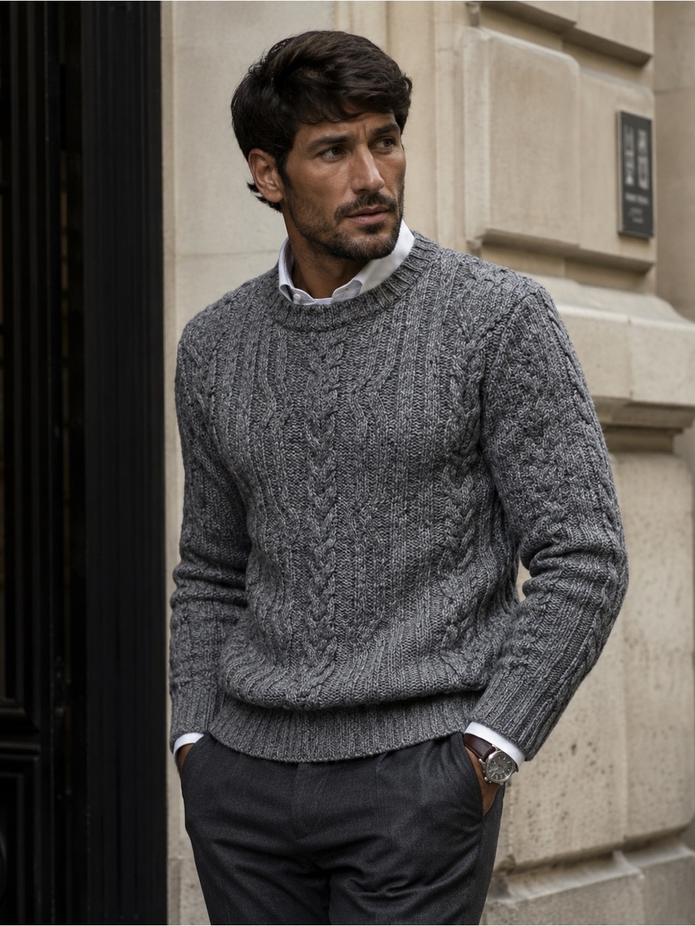 Haggar Wool blend cable knit Crewneck Pullover Sweater grey charcoal unisex Sz M